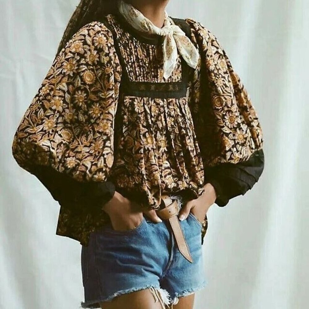 Anthropologie Cleobella Rafia Lace Harley Black Ballon Sleeve Peasant Blouse XS